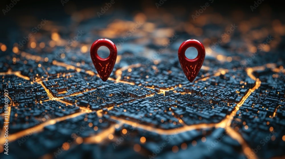 3D render of two red pins on a map visible through a magnifying glass for clarity 3D render of two red pins on a map visible through a magnifying glass for clarity
