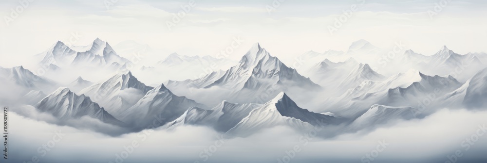 Fototapeta premium A Majestic View of Snow-Capped Mountains Under a Cloud-Laden Sky, Encapsulating the Serenity and Grandeur of a Pristine Alpine Landscape