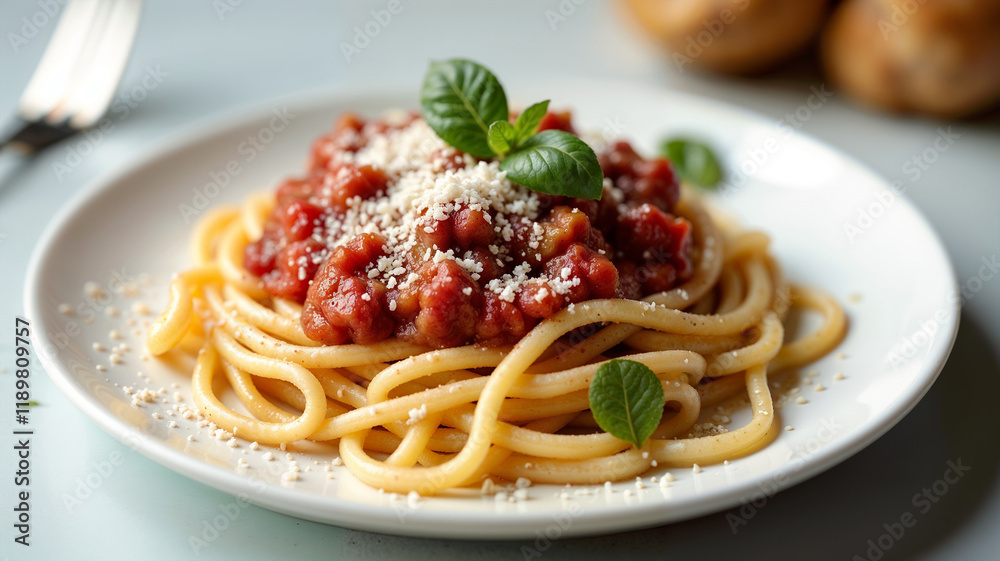 A mouthwatering plate of spaghetti bolognese featuring al dente pasta tossed in a rich tomato and meat sauce. The dish is garnished with freshly grated parmesan cheese and a sprig of basil. A mouthwatering plate of spaghetti bolognese featuring al dente pasta tossed in a rich tomato and meat sauce. The dish is garnished with freshly grated parmesan cheese and a sprig of basil.