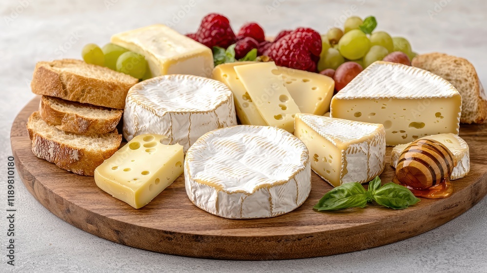 Assorted Cheese Platter with Fruits and Crackers on Wooden Board Assorted Cheese Platter with Fruits and Crackers on Wooden Board