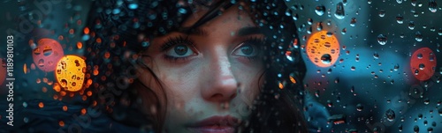 Woman looking out a window in the rain, banner, copy space photo