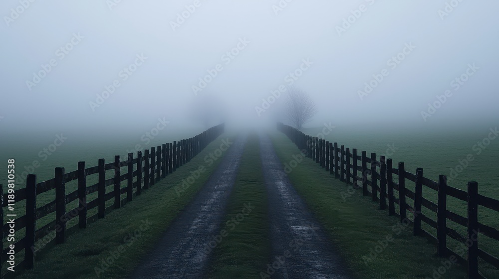 Fototapeta premium Mysterious Foggy Pathway Through Lush Green Landscape at Dusk