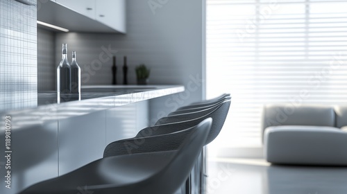 A sleek gray kitchen featuring a close-up view of a bar area, showcasing contemporary design with minimalist accents and modern finishes. photo