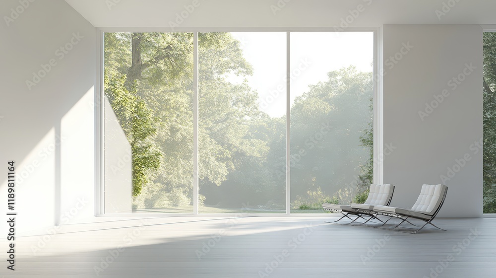 Fototapeta premium A sleek modern living room featuring a table and chairs, a sideboard, a shelf, and a window.