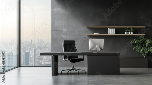 A sleek office interior featuring a CEO desk positioned near a large window, complemented by a PC computer and a modern shelf, all set against a contemporary and stylish backdrop. photo