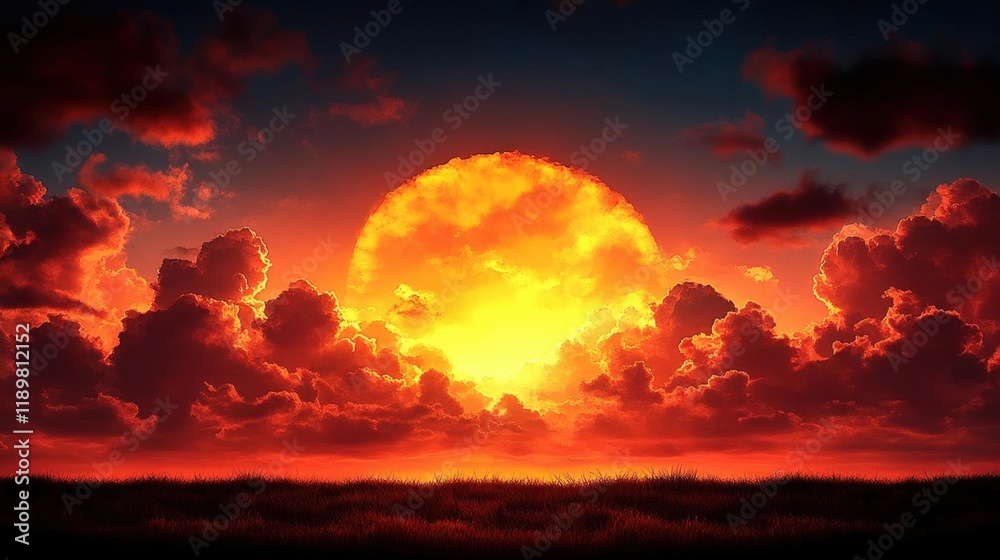 Obraz premium Fiery Sunset Landscape with Dramatic Clouds and Glowing Sun