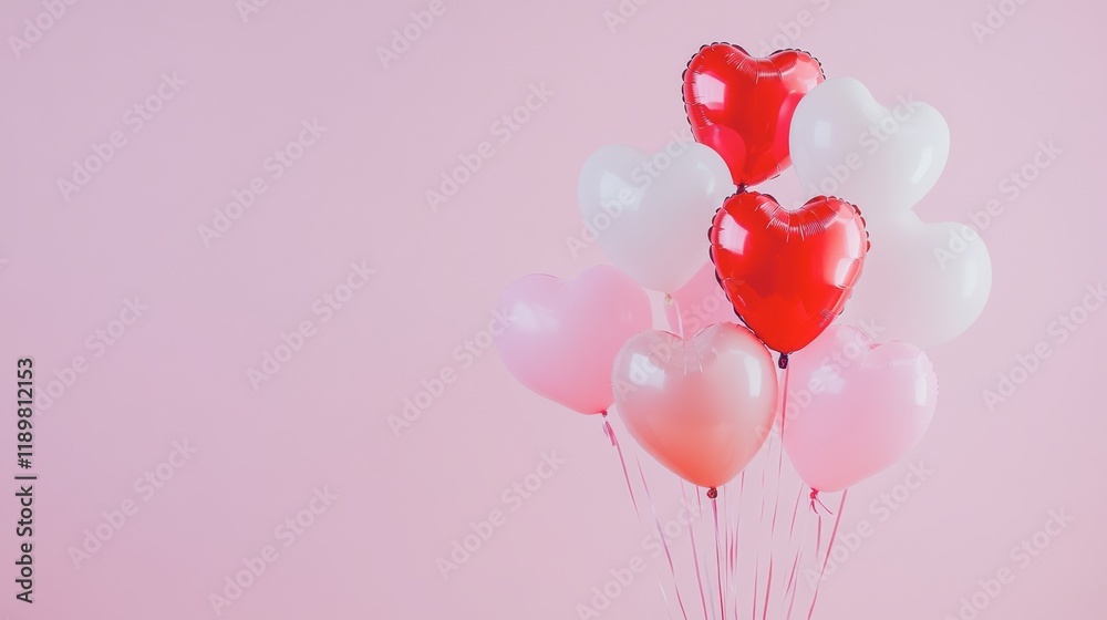 Red and pink balloons in heart shapes floating against a pastel pink backdrop, celebrating Valentine's Day cheer. Red and pink balloons in heart shapes floating against a pastel pink backdrop, celebrating Valentine's Day cheer.