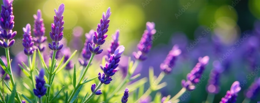Naklejka premium Purple lavender blooming in the garden with green leaves, blossom, plants, lavender