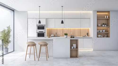 A sleek white and wooden kitchen interior featuring clean lines and a modern aesthetic. photo