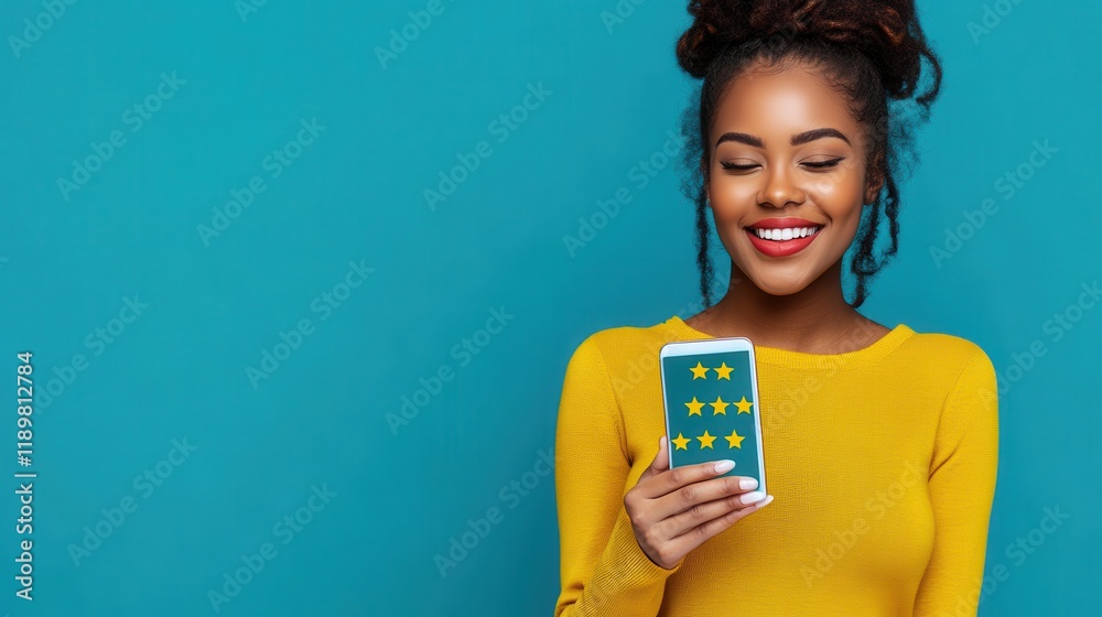 A smiling African woman holds a smartphone and gives a five-star feedback, conveying satisfaction and positive experience. A smiling African woman holds a smartphone and gives a five-star feedback, conveying satisfaction and positive experience.