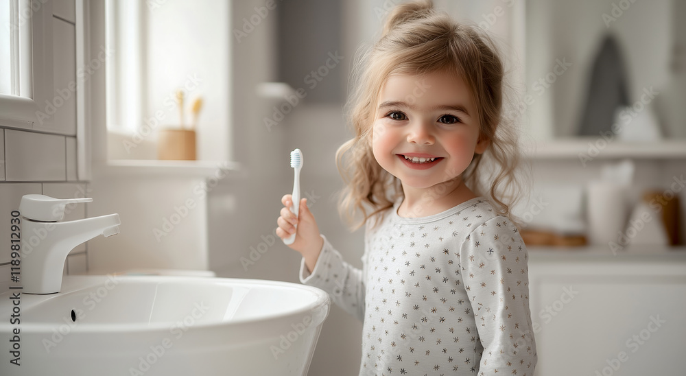 Adorable little girl holding toothbrush and smiling brightly in modern bathroom, promoting dental hygiene and cheerful morning routine in clean environment Adorable little girl holding toothbrush and smiling brightly in modern bathroom, promoting dental hygiene and cheerful morning routine in clean environment