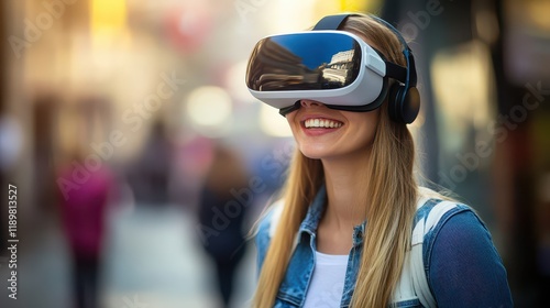 A smiling businesswoman in casual wear is wearing a VR helmet, showcasing a blend of professional and modern tech engagement. photo