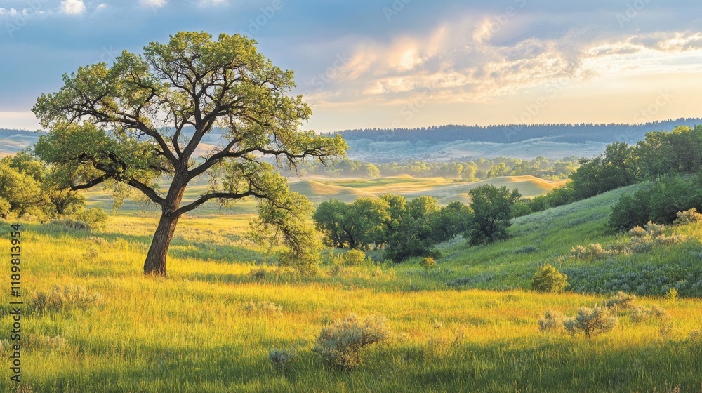 Fototapeta premium A picturesque scene of a lone tree in a lush green grassland surrounded by distant forests.