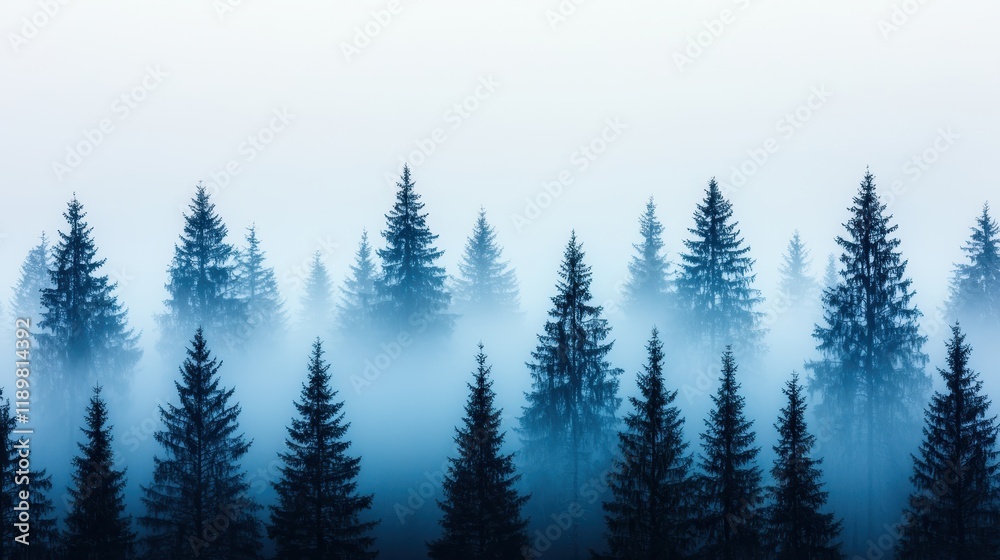 Fototapeta premium Dense Evergreen Forest in Misty Morning Fog with Calming Atmosphere