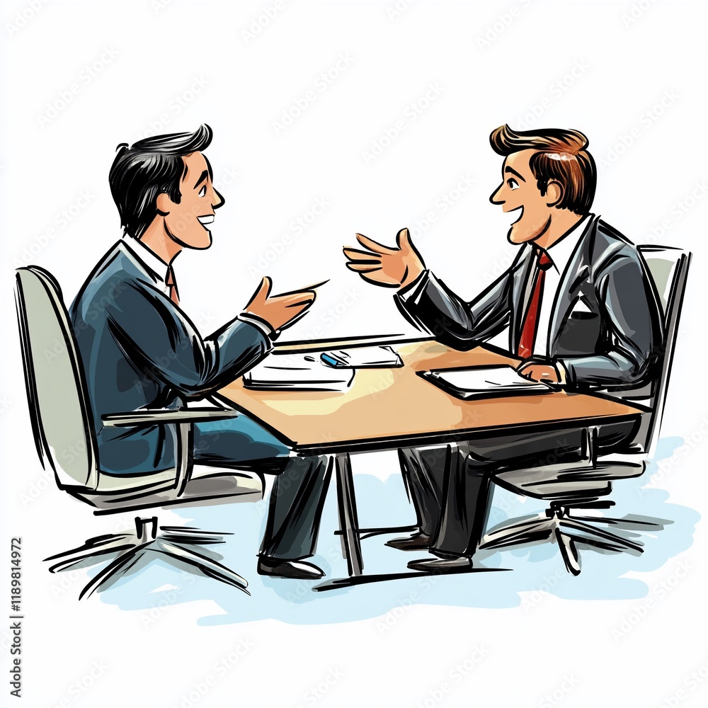 Business Meeting: Two Businessmen Discussing Strategies at a Table Business Meeting: Two Businessmen Discussing Strategies at a Table