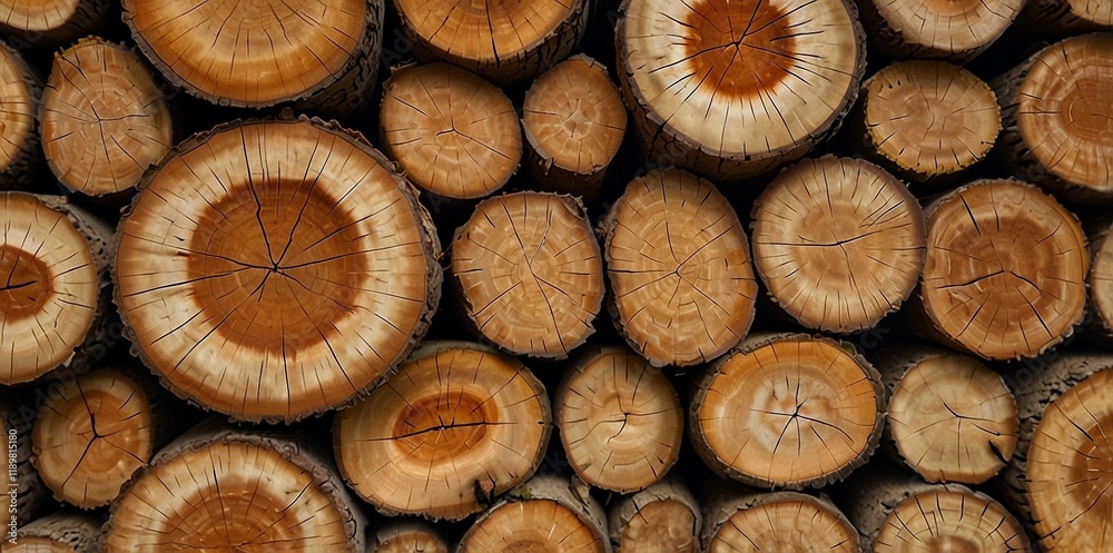 Natural pile of wood logs background arranged in a symmetrical stack. Highlighting organic patterns. Perfect for industrial and decorative use