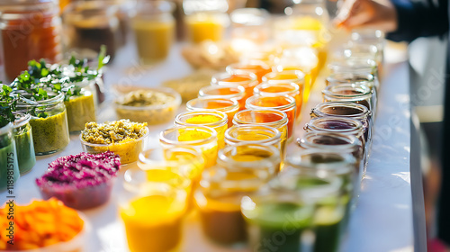 Fototapeta Naklejka Na Ścianę i Meble -  Indian street food display featuring vibrant masala dosa, chutneys, and small jars of colorful spices on a white surface 