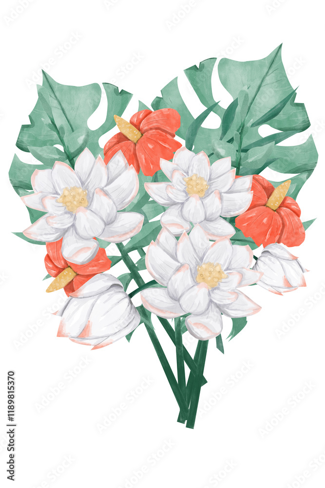 Watercolor Exotic Bouquet with White and Red Tropical Flowers and Lush Foliage, Composition Illustration for Printing, Web and Textiles Watercolor Exotic Bouquet with White and Red Tropical Flowers and Lush Foliage, Composition Illustration for Printing, Web and Textiles