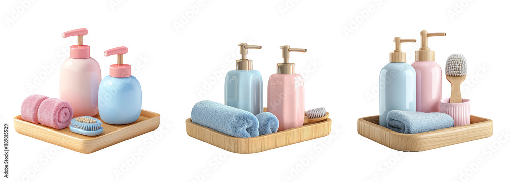 Obraz premium Stylish Bathroom Essentials on Wooden Tray