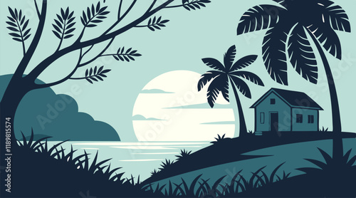 Beach House Sunset Landscape: Minimalist Ocean View Illustration.