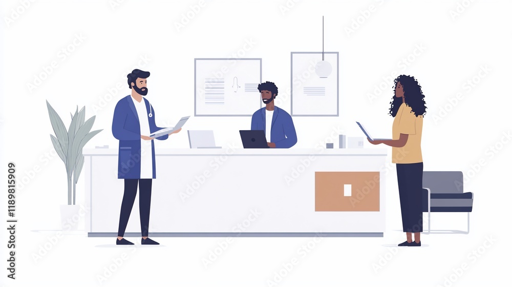 Modern Clinic Reception: Doctors and Patient Interaction Modern Clinic Reception: Doctors and Patient Interaction