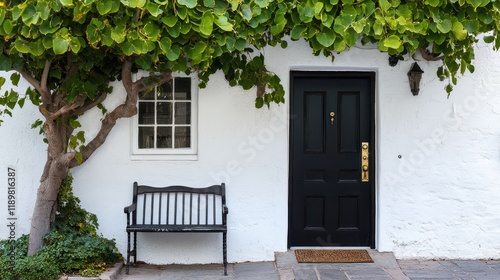 A striking black front door stands out against the white facade of the house, flanked by a lush green tree and a quaint bench. photo