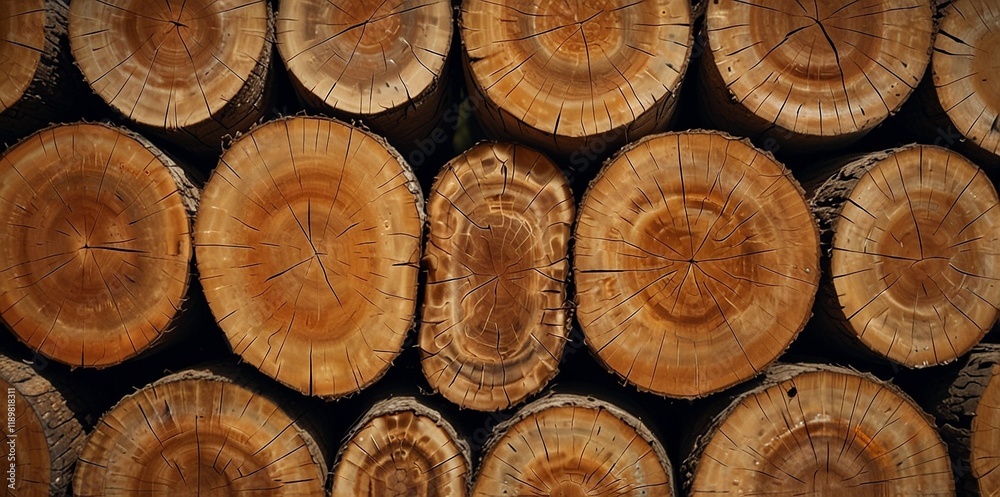 Natural pile of wood logs background arranged in a symmetrical stack. Highlighting organic patterns. Perfect for industrial and decorative use
