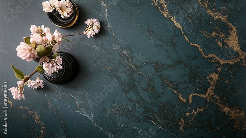 Elegant Dark Teal Marble Surface with Delicate Pink Blossom