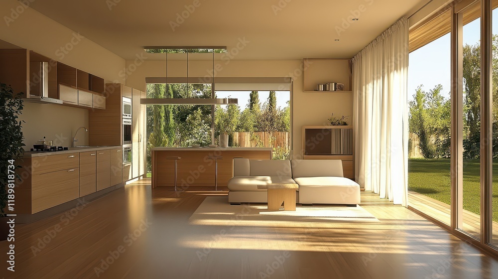 A stylish home studio featuring distinct relaxing and cooking zones, complemented by a panoramic window that floods the space with natural light. A stylish home studio featuring distinct relaxing and cooking zones, complemented by a panoramic window that floods the space with natural light.