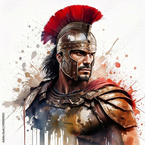 Watercolor Roman warrior illustration with ink splashes, ideal for apparel printing