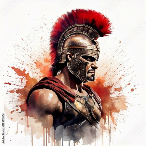 Watercolor Roman warrior illustration with ink splashes, ideal for apparel printing