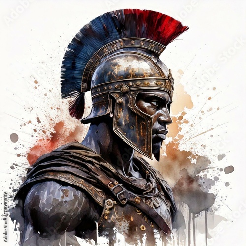 Watercolor Roman warrior illustration with ink splashes, ideal for apparel printing