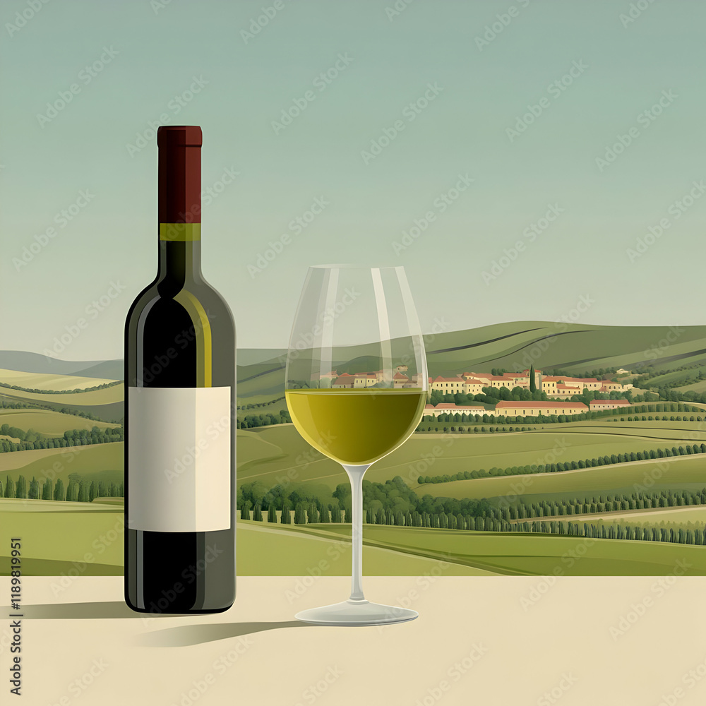Tuscan Landscape Wine Illustration Tuscan Landscape Wine Illustration