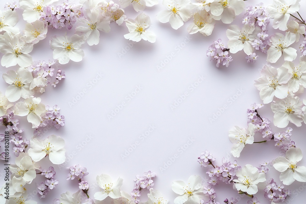 Fototapeta premium Delicate Spring Blossoms Frame: White and Lilac Flowers Create a Lovely Floral Border on a Soft Purple Background, Perfect for Springtime Designs and Celebrations.