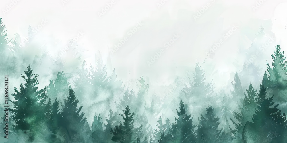 Obraz premium A serene watercolor depiction of a misty forest landscape.