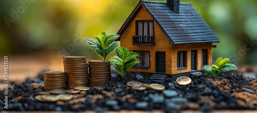 Photo of a house model next to stacks of coins and a green plant on a table, representing home value or real estate or a positive future family concept. photo