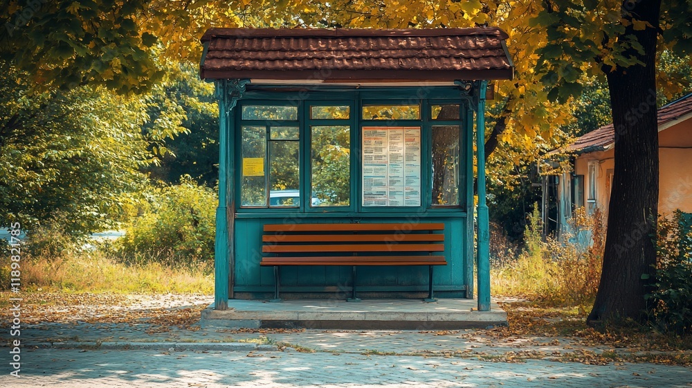 Serene Autumn Bus Stop: A Tranquil Scene of a Rustic Teal Bus Shelter Nestled in a Lush Autumnal Forest Serene Autumn Bus Stop: A Tranquil Scene of a Rustic Teal Bus Shelter Nestled in a Lush Autumnal Forest