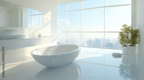 A top view of a bright bathroom featuring a bathtub, sink, and large panoramic window, showcasing a clean and airy design with ample natural light. photo