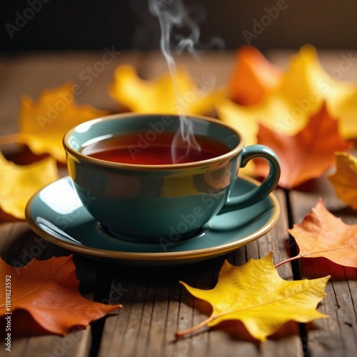 Warm tea in a ceramic cup on a wooden table amidst fallen leaves, tea, earthy