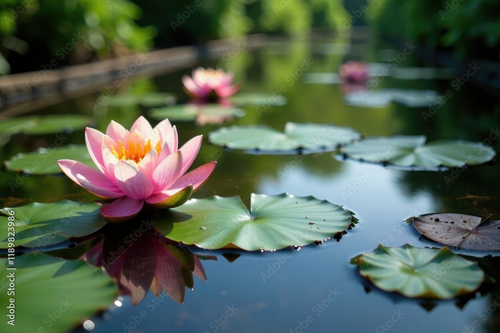 Water lilies on the surface of a canal in Amiens hortillonnage, reflection, serene Water lilies on the surface of a canal in Amiens hortillonnage, reflection, serene
