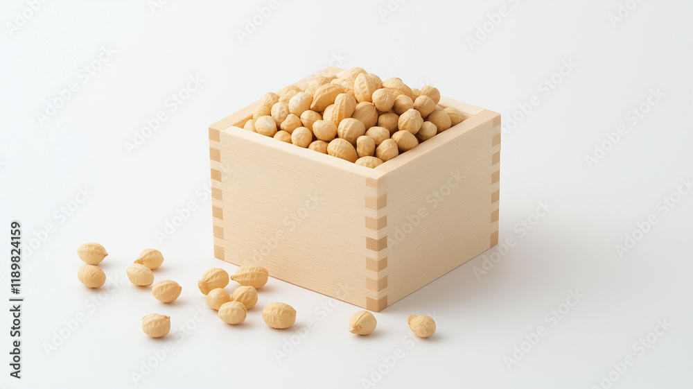 白背景の落花生と木製ます