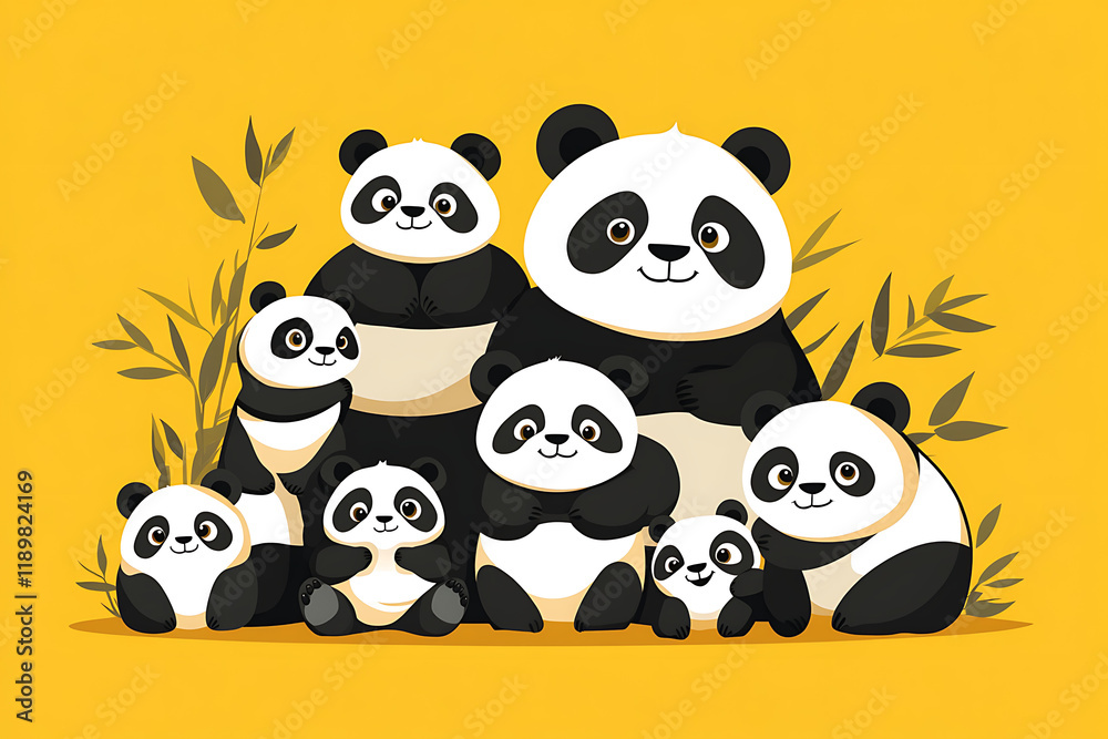 A cheerful group of cartoon pandas gathered together on a bright yellow background. A cheerful group of cartoon pandas gathered together on a bright yellow background.