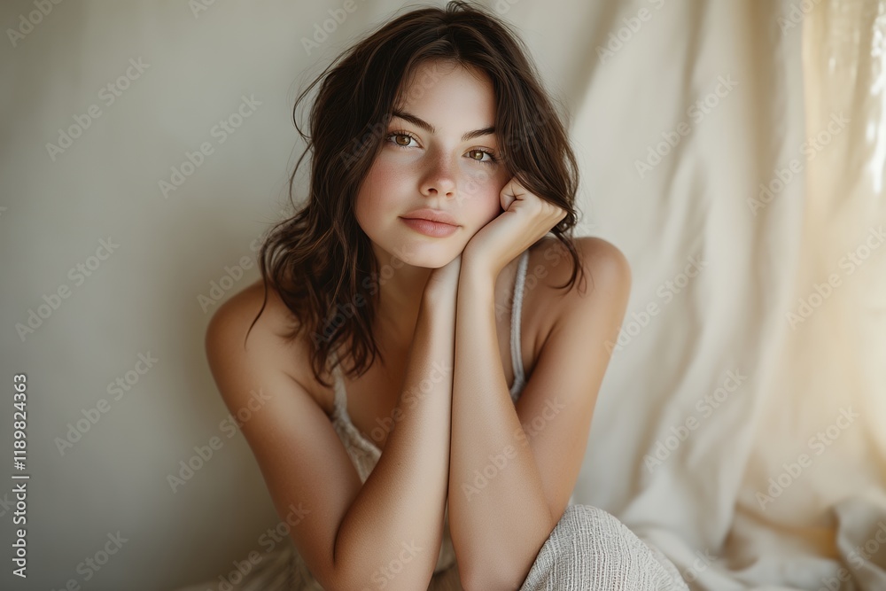 A beautiful young woman with serene expression, sitting indoors, in soft light. The picture has a calm and peaceful atmosphere. A beautiful young woman with serene expression, sitting indoors, in soft light. The picture has a calm and peaceful atmosphere.