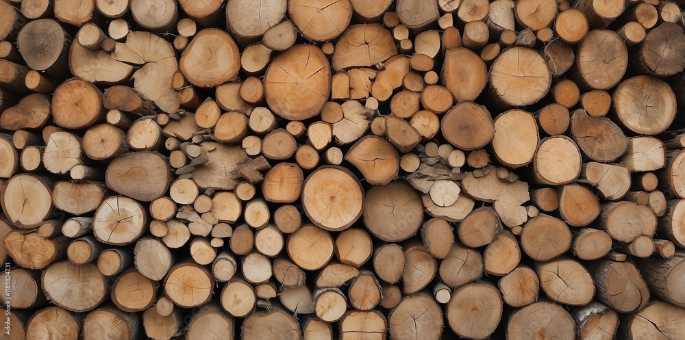 Natural pile of wood logs background arranged in a symmetrical stack. Highlighting organic patterns. Perfect for industrial and decorative use