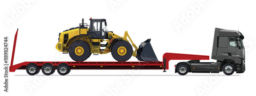 truck side view trailer load semi road haul dig big large long lorry bulldozer icon design template work build auto under work power drive carry cargo wheel mover