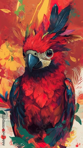 Vibrant Red Parrot Painting: Tropical Bird Art photo