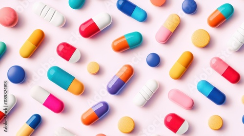 A variety of colorful pills and capsules are displayed neatly, representing medicine and healthcare. photo