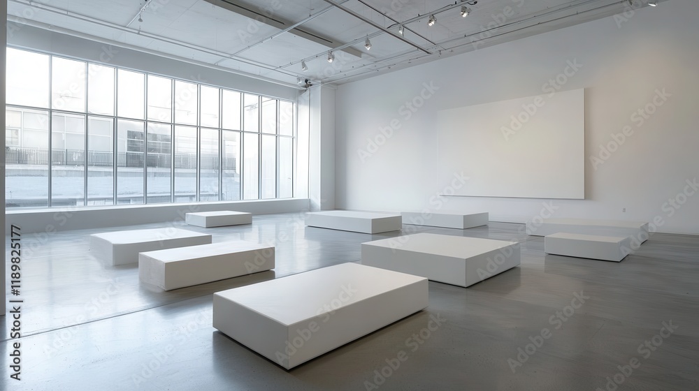 Fototapeta premium A vast gallery interior with an open layout, featuring large white boxes placed on a concrete floor, emphasizing minimalistic design and an expansive, uncluttered space.