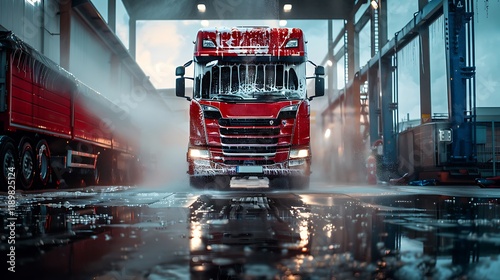Truck with snow in a car wash. Concept of cleaning service.