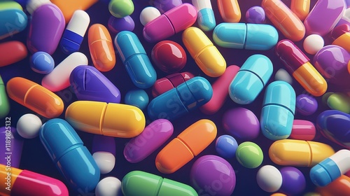 A variety of colorful pills and capsules are displayed neatly, representing medicine and healthcare. photo